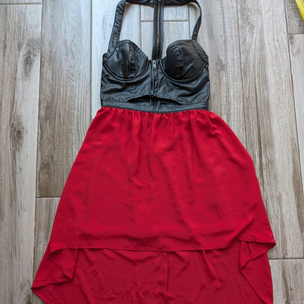 Seductions Black Faux Leather Bustier Red Chiffon High-Low Dress XS Gothic Punk